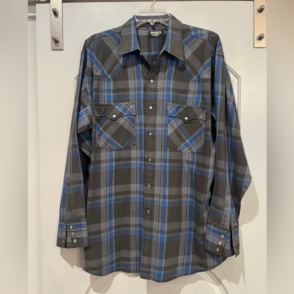 Vintage Authentic Western Youngbloods Black and Blue Plaid pearl snap Shirt.